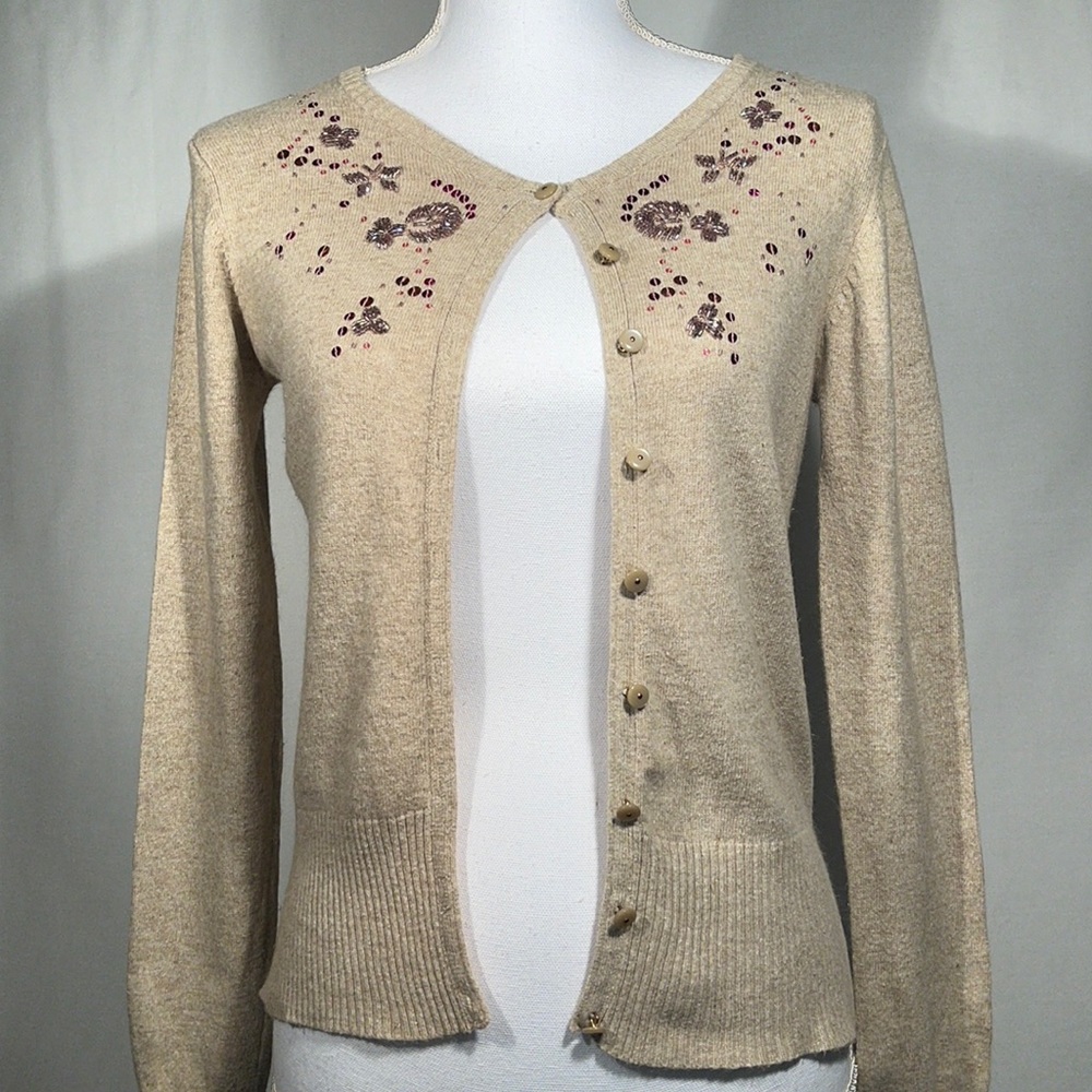 Old Navy Beaded and Sequined Heathered Tan Button Front Cardigan